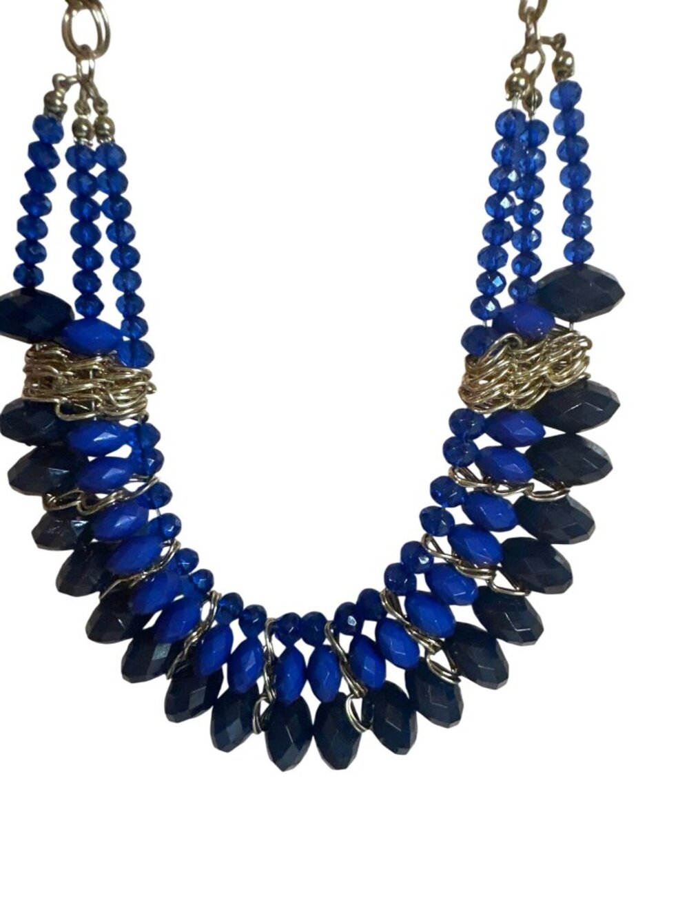 Bib Necklace Blue & Gold Chain Statement Faceted Beads Chunky Career Exaggerated